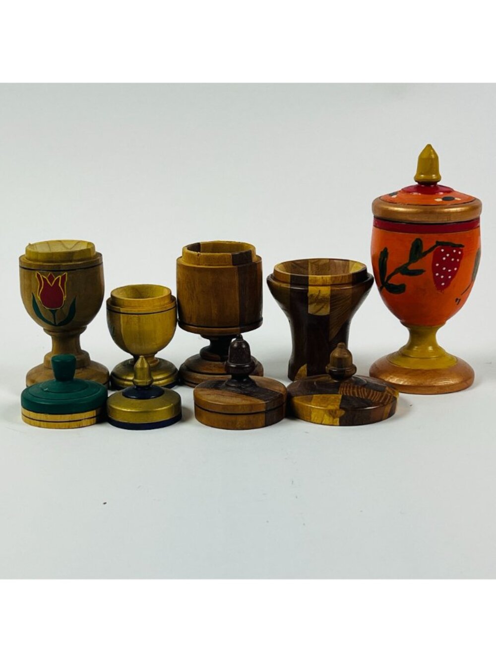 Vintage Handmade Wooden Lidded Urn Containers Set of 5 Hand Painted Floral Decor - Picture 9 of 10